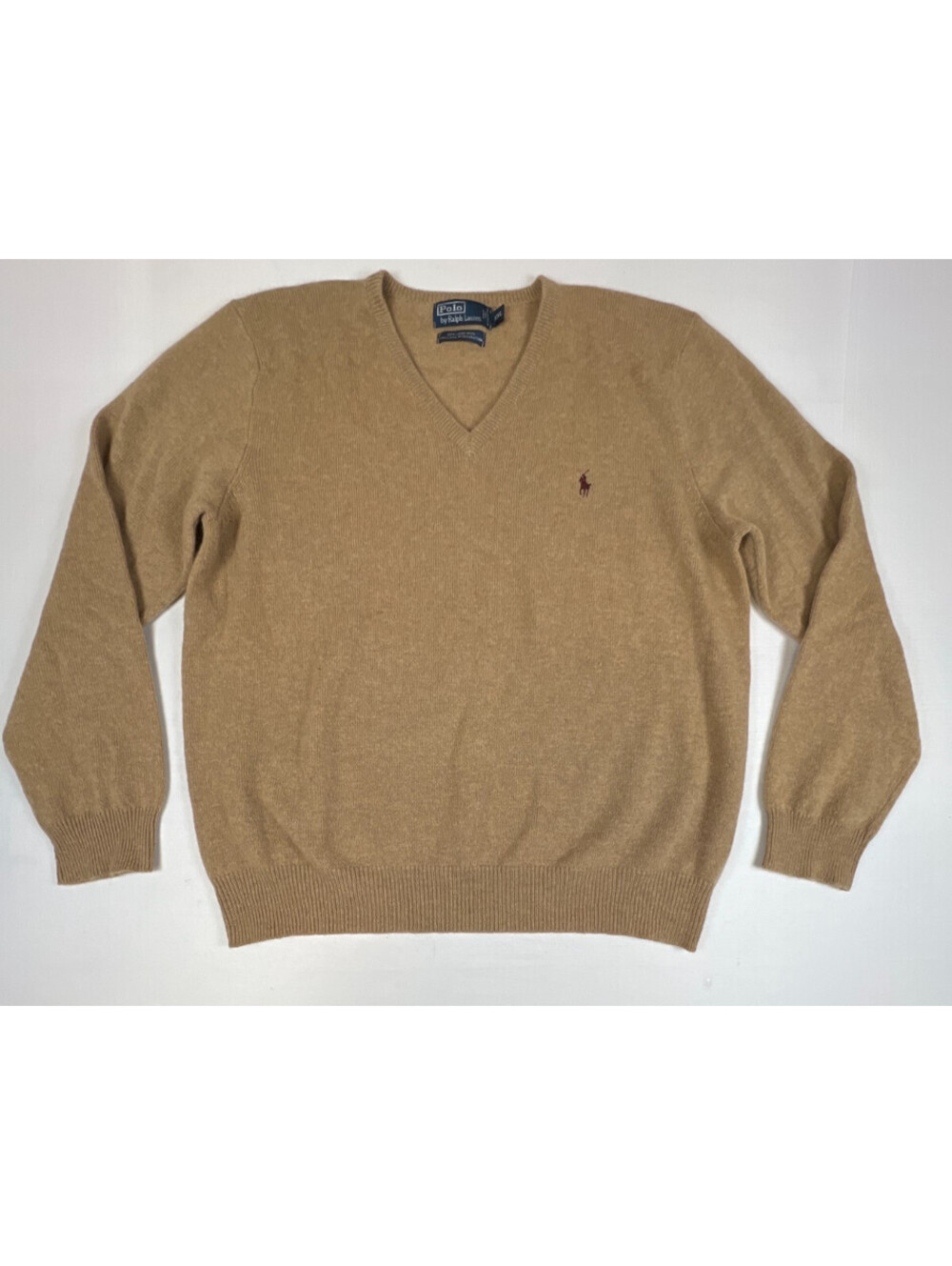Polo Ralph Lauren Men's XXL Tan Lambswool V-Neck Long Sleeve Pullover Sweater